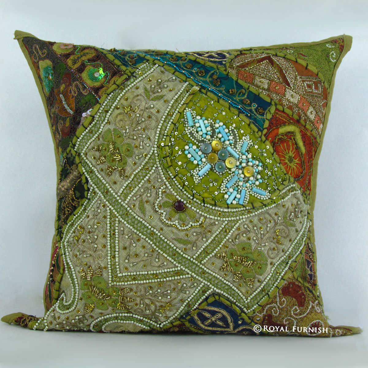 Antique Green Heavy Beaded & Embroidered Accent Throw Pillow Case Sham - RoyalFurnish.com