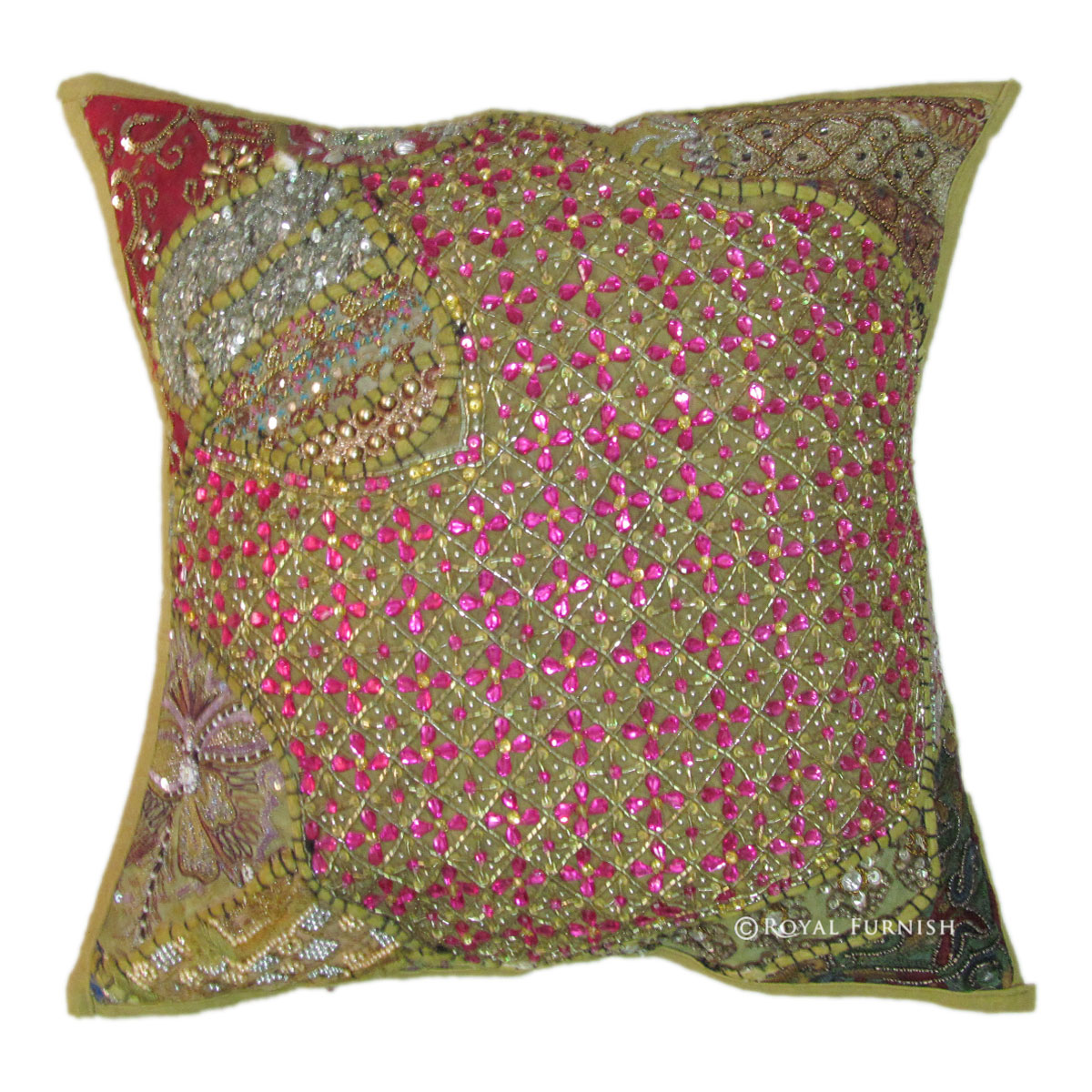 Green Antique Beaded Patchwork & Embroidered Accent Throw Pillow Cover Sham - RoyalFurnish.com