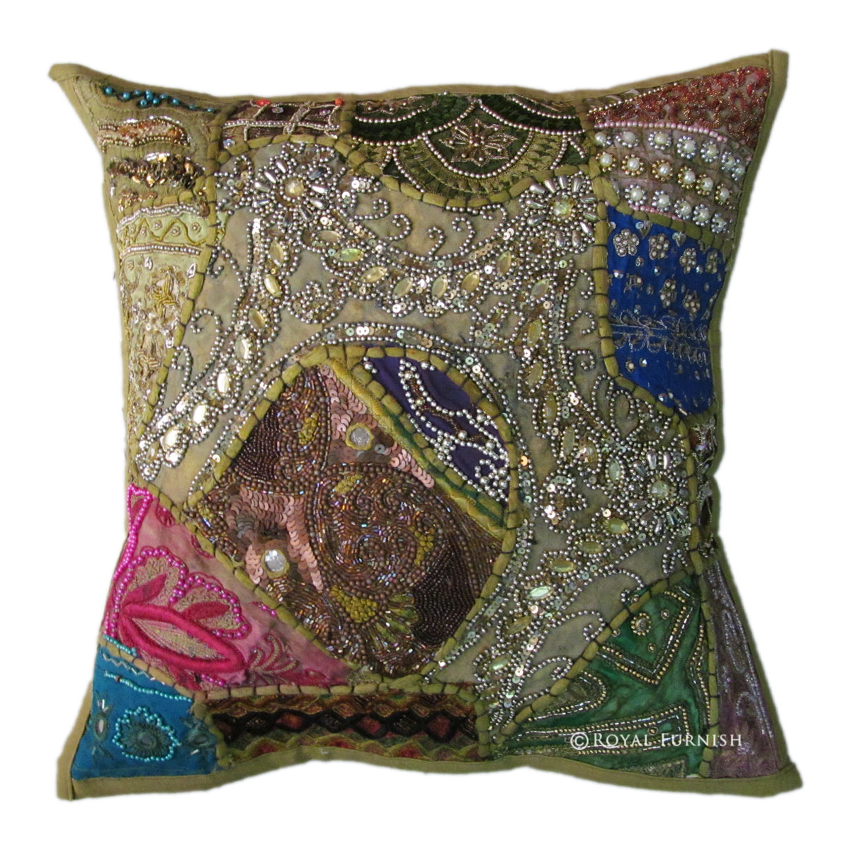 Green Antique Beaded Patchwork & Embroidered Accent Throw Pillow Cover Sham - RoyalFurnish.com