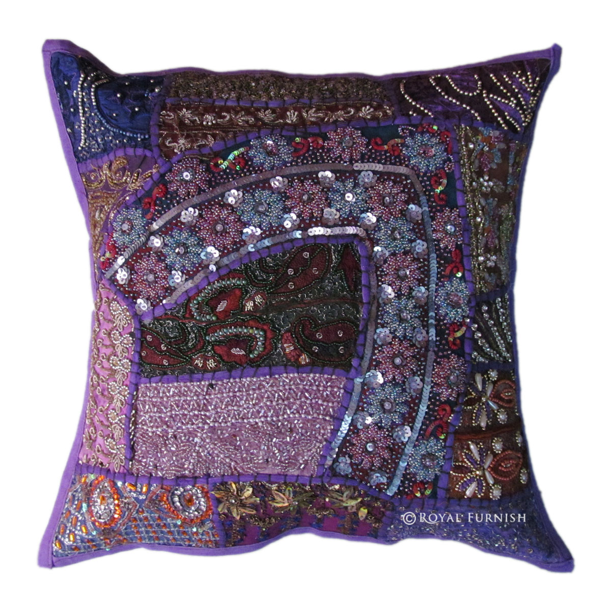 Antique Purple Heavy Beaded Patchwork Embroidered Accent Throw Pillow