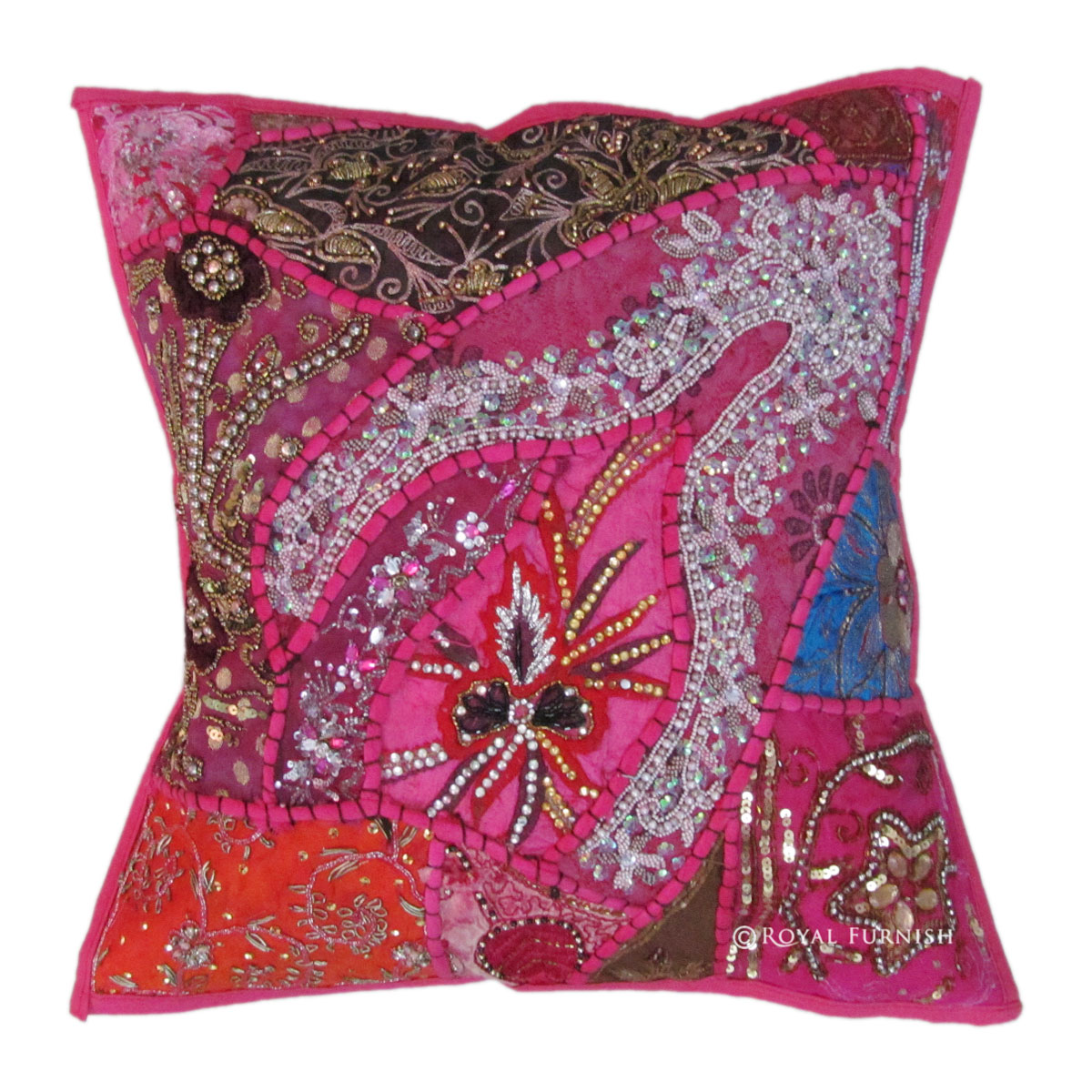 Pink Antique Beaded Patchwork Indian Embroidered Throw Pillow Case Sham - RoyalFurnish.com