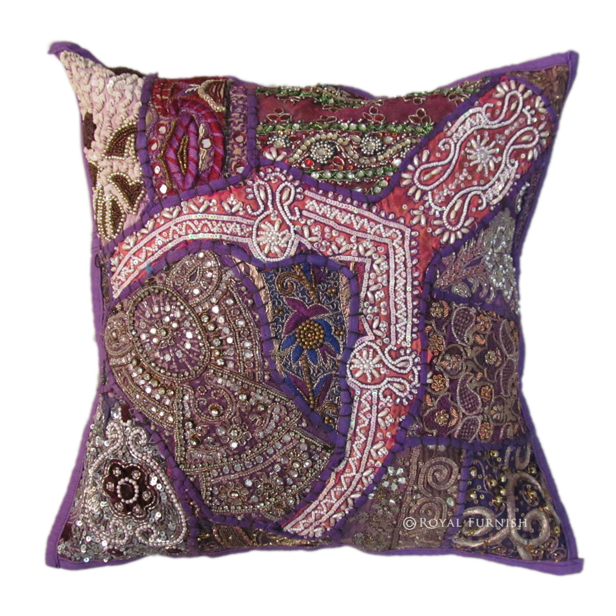 Purple Antique Heavy Beads Embroidered Decorative Throw Pillow Case Sham - RoyalFurnish.com