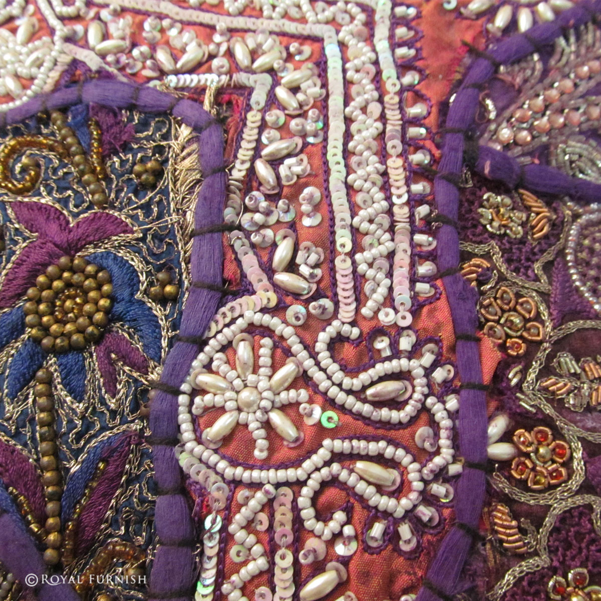 Purple Antique Heavy Beads Embroidered Decorative Throw Pillow Case