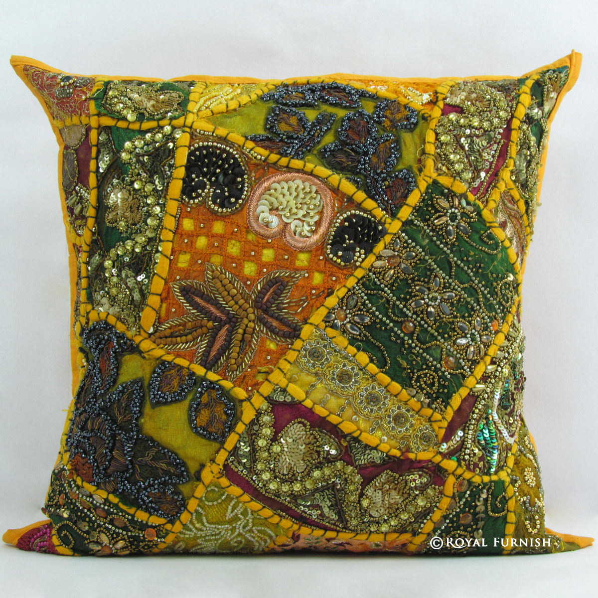 Yellow Indian Beaded Embroidered Patchwork Accent Throw Pillow Case Sham - RoyalFurnish.com