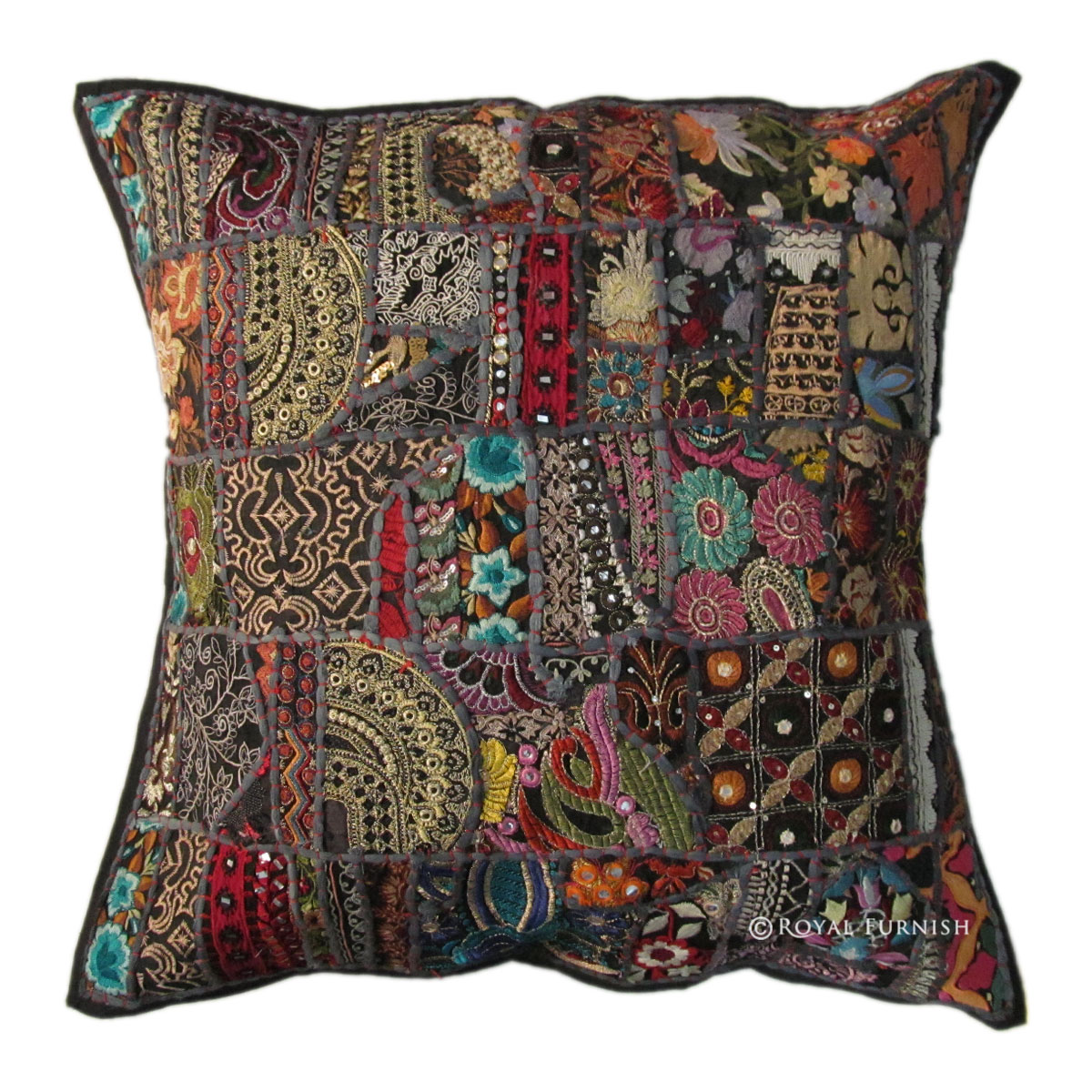 24" Black Indian Vintage Patchwork Cotton Throw Pillow Cushion Case Sham