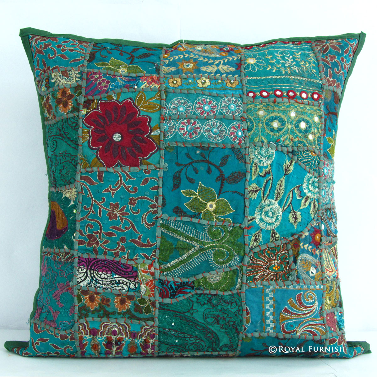 20" Gray Green Vintage Patchwork Indian Throw Pillow Cover
