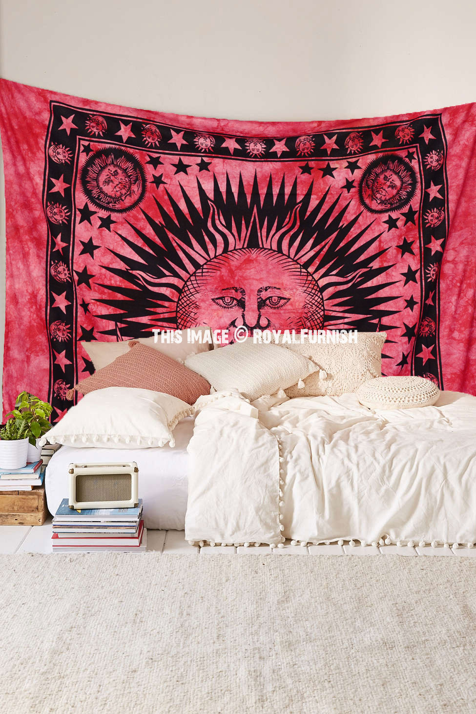 Maroon Bright Sun Moon Hippie Tie Dye Tapestry Wall Hanging
