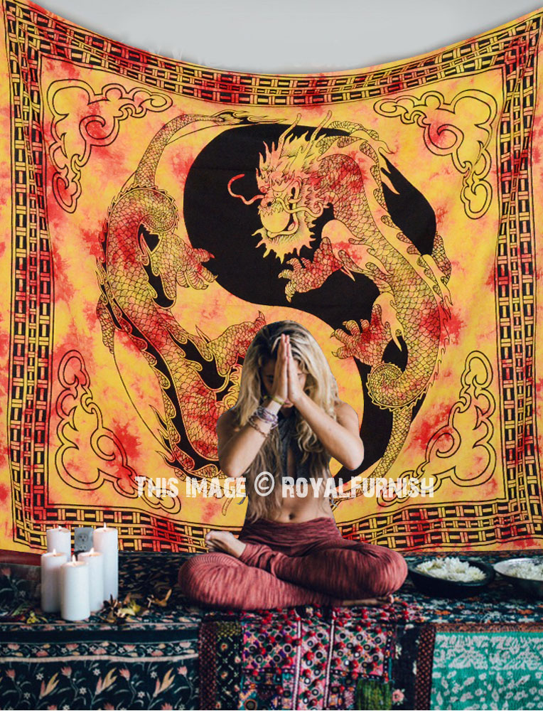 Orange Yin Yang Chinese Dragon Fly Hippie Tapestry Wall Hanging ...