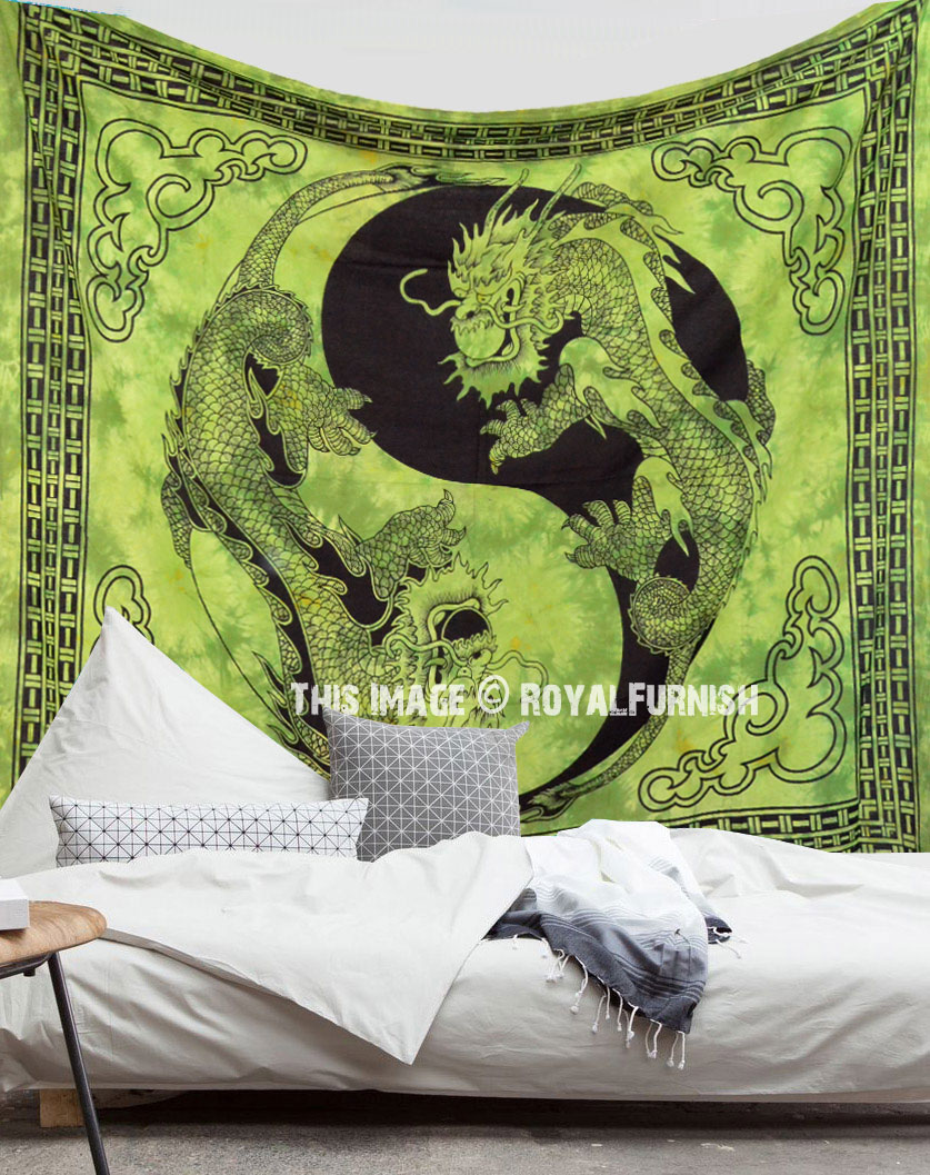 Green Yin Yang Chinese Dragon Fly Hippie Tapestry Wall Hanging ...