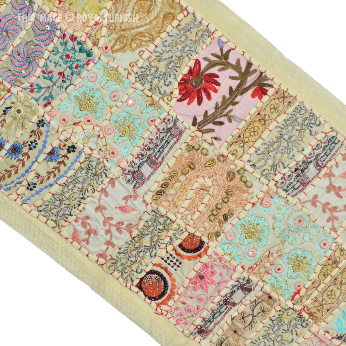 White Hand Embroidery Reycled Patchwork Runner Tapestry