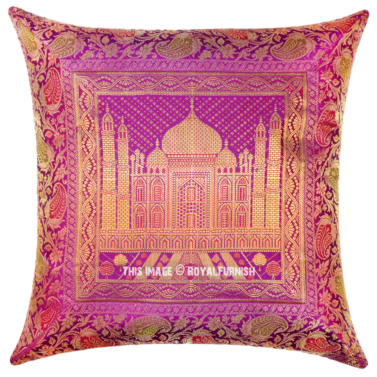Pink Indian Tajmahal Decorative & Accent Silk Brocade Pillow Cover - RoyalFurnish.com