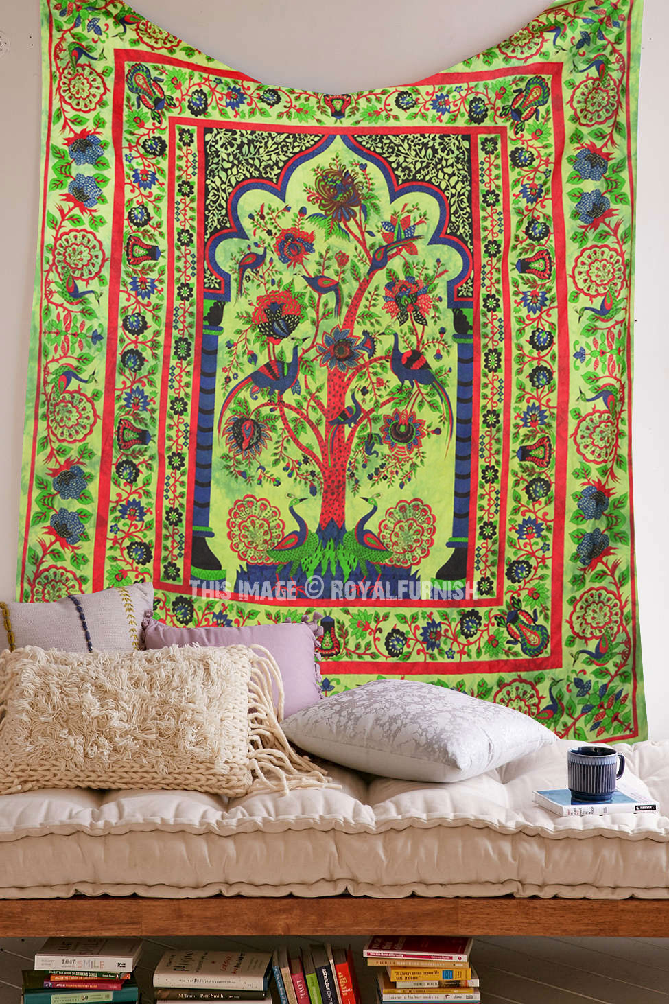 Green Multi Tree of Life Cotton Indian Bohemian Tapestry Coverlet