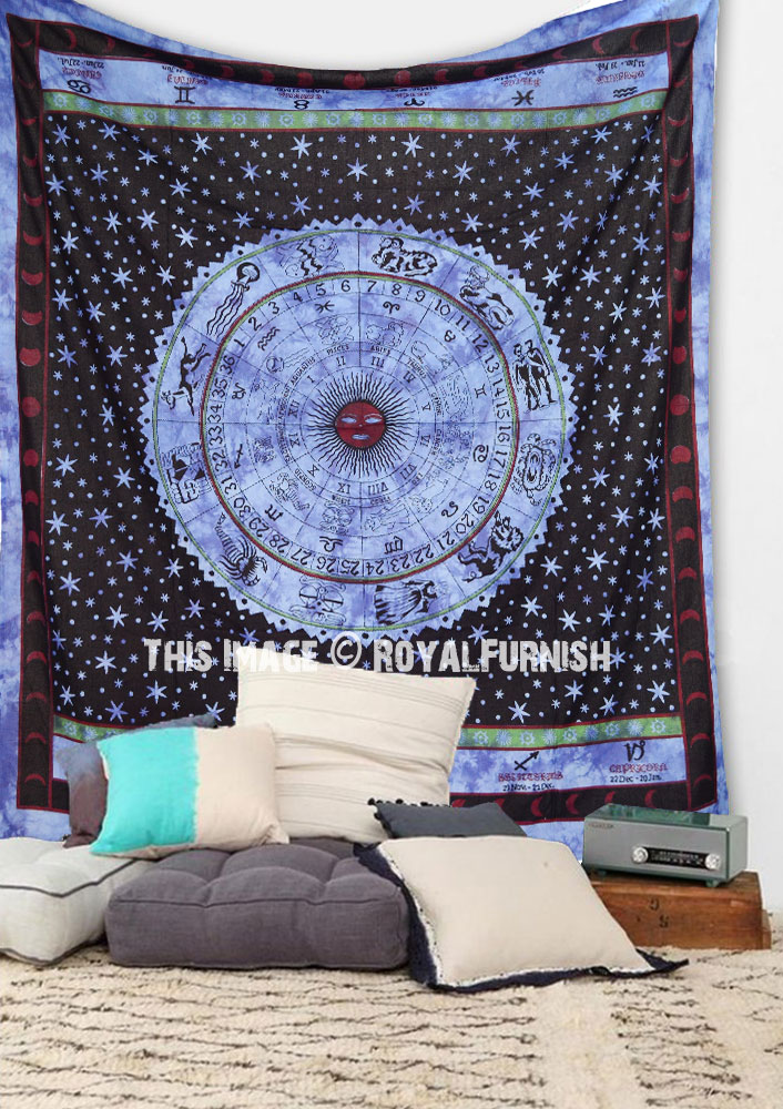 Twin Zodiac Indian Tie Dye Mandala Tapestry Wall Hanging Astrology Bedspread Art 