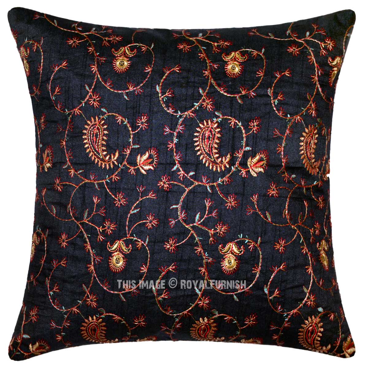 Black Hand Embroidered Floral Silk Throw Pillow - RoyalFurnish.com