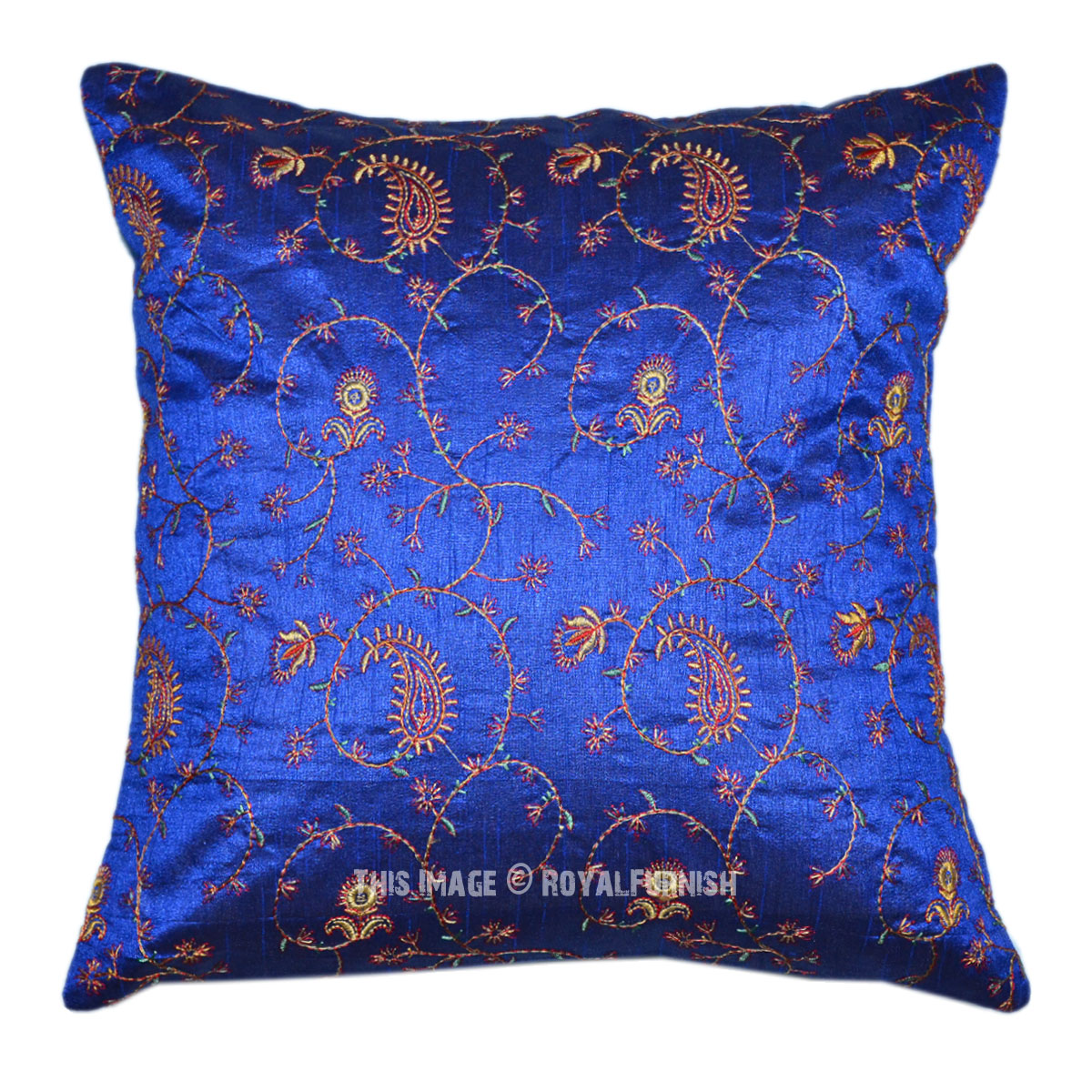 Blue Indian Handicraft Silk Floral Embroidery Toss Pillow Cover
