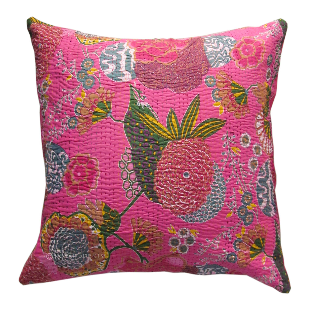 24" Pink Color Indian Kantha Thread Floral Cotton Cushion Pillow Covers India Ethnic Decorative