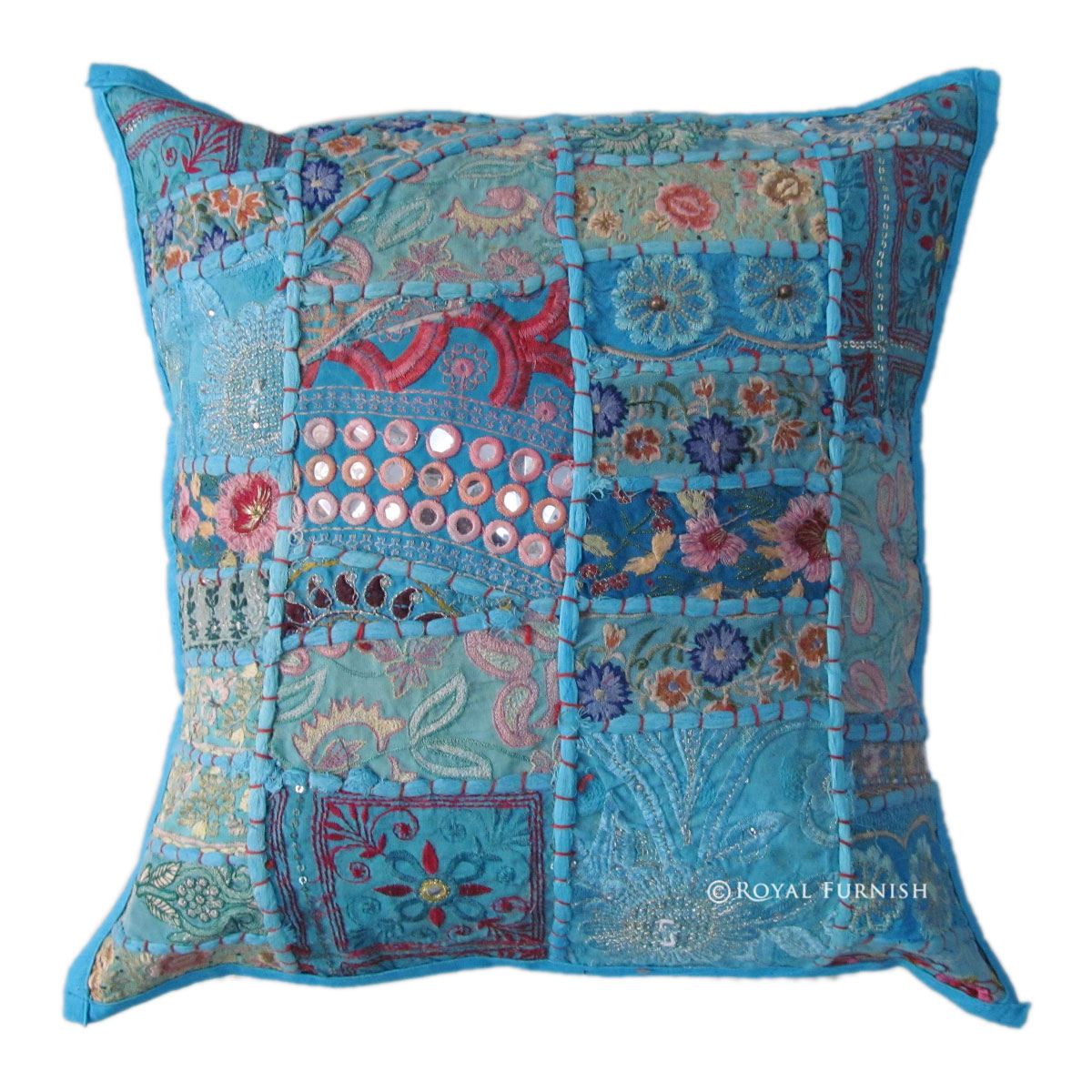 17Inch Blue Indian Recycled Sari Patchwork Throw Pillow