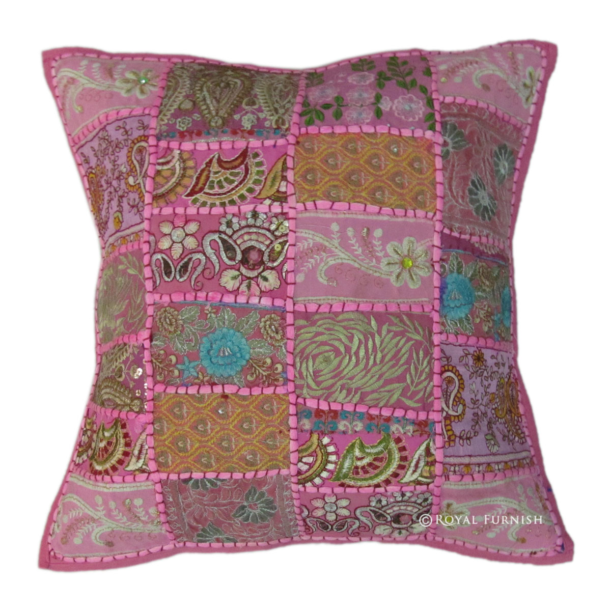 Pink Indian Vintage Sari Patchwork Throw Pillow
