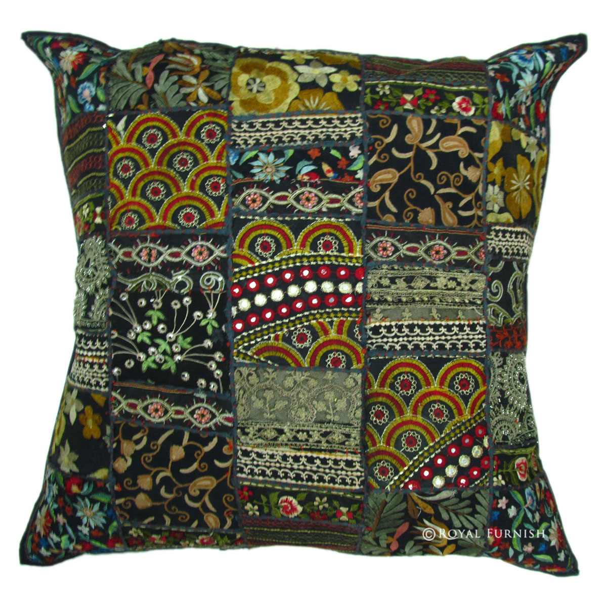 24 Inch Large Black Multi Sari Patchwork Throw Pillow