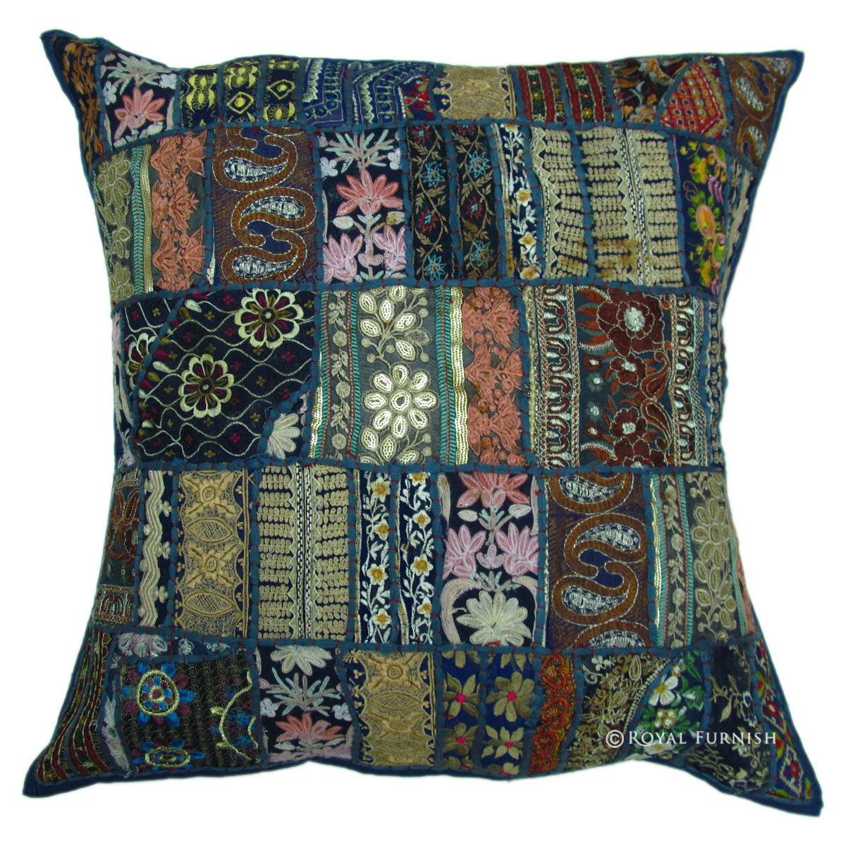 24 inch oversized blue multi patchwork throw pillow