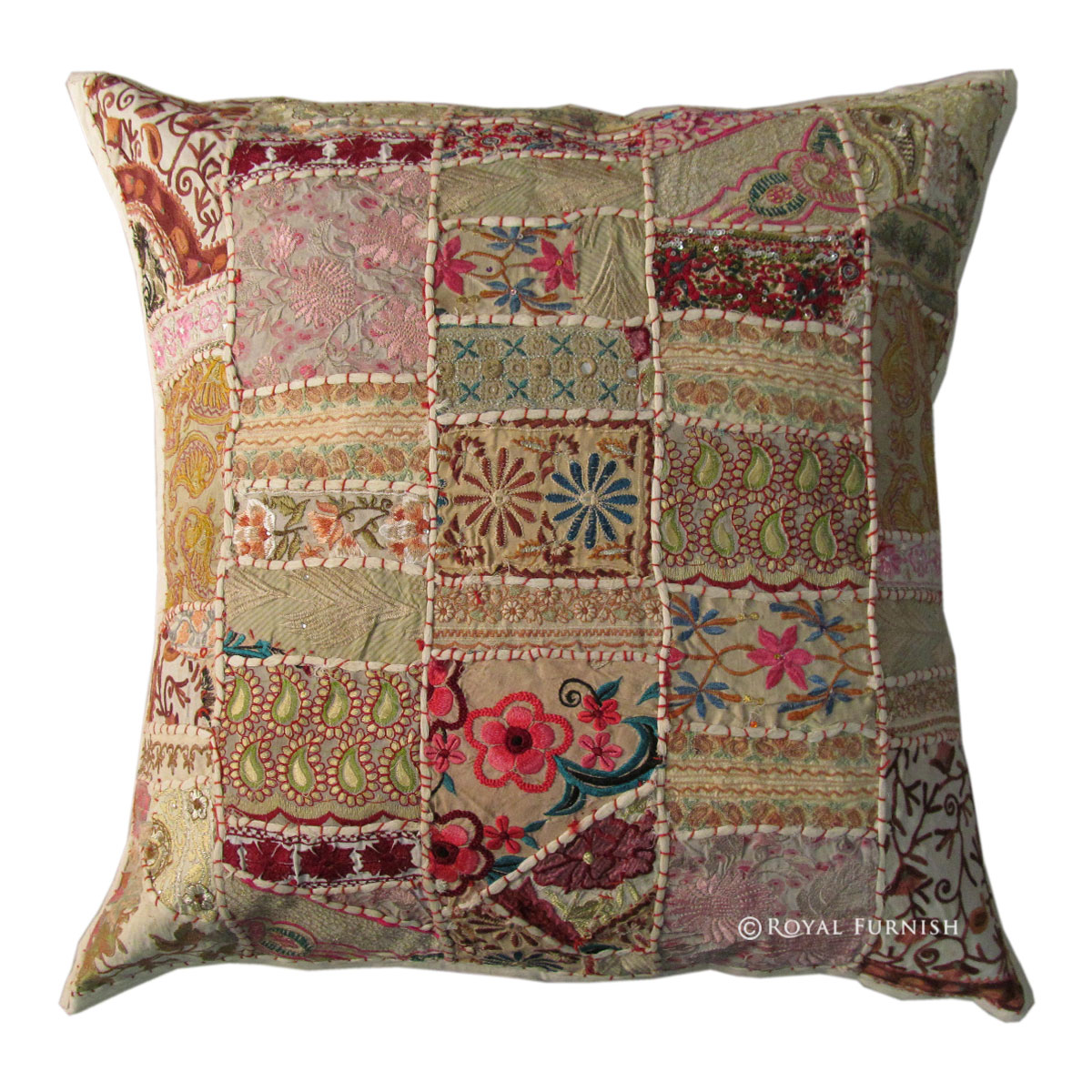24x24 Inch Large White Indian Sari Patchwork Toss Pillow