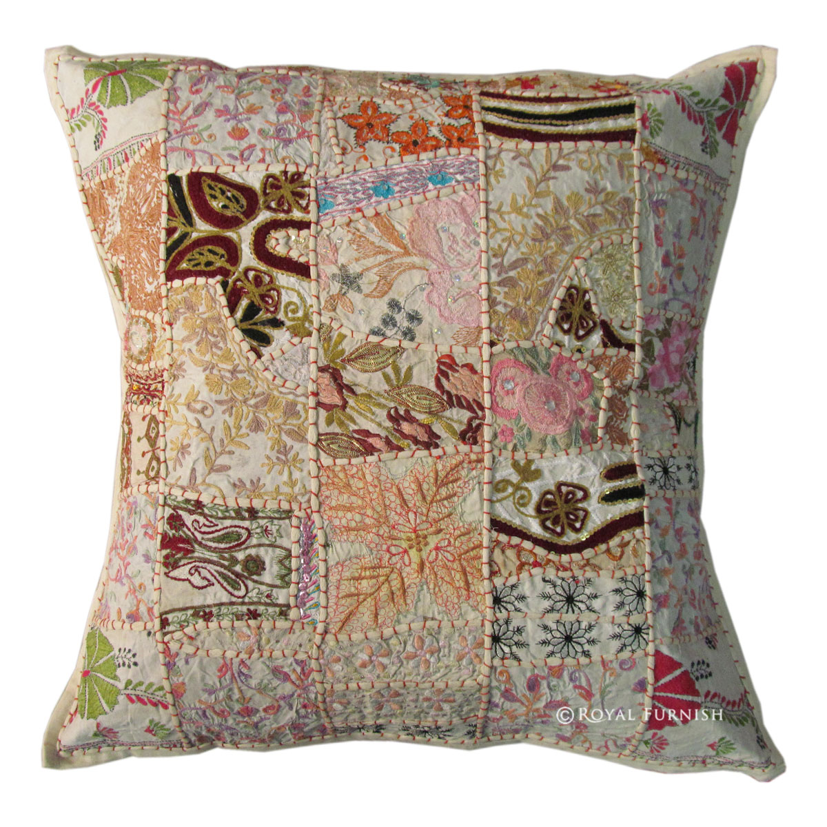 Large 24 Inch White Indian Patchwork Throw Floor Pillow Cushion Case - RoyalFurnish.com