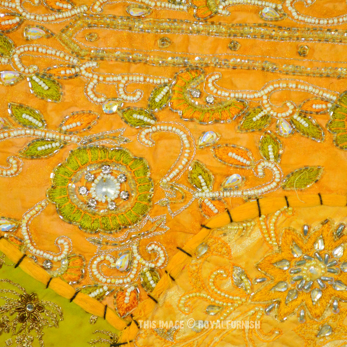 Yellow Expensive Heavy Beaded Indian Vintage Patchwork Tapestry Runner