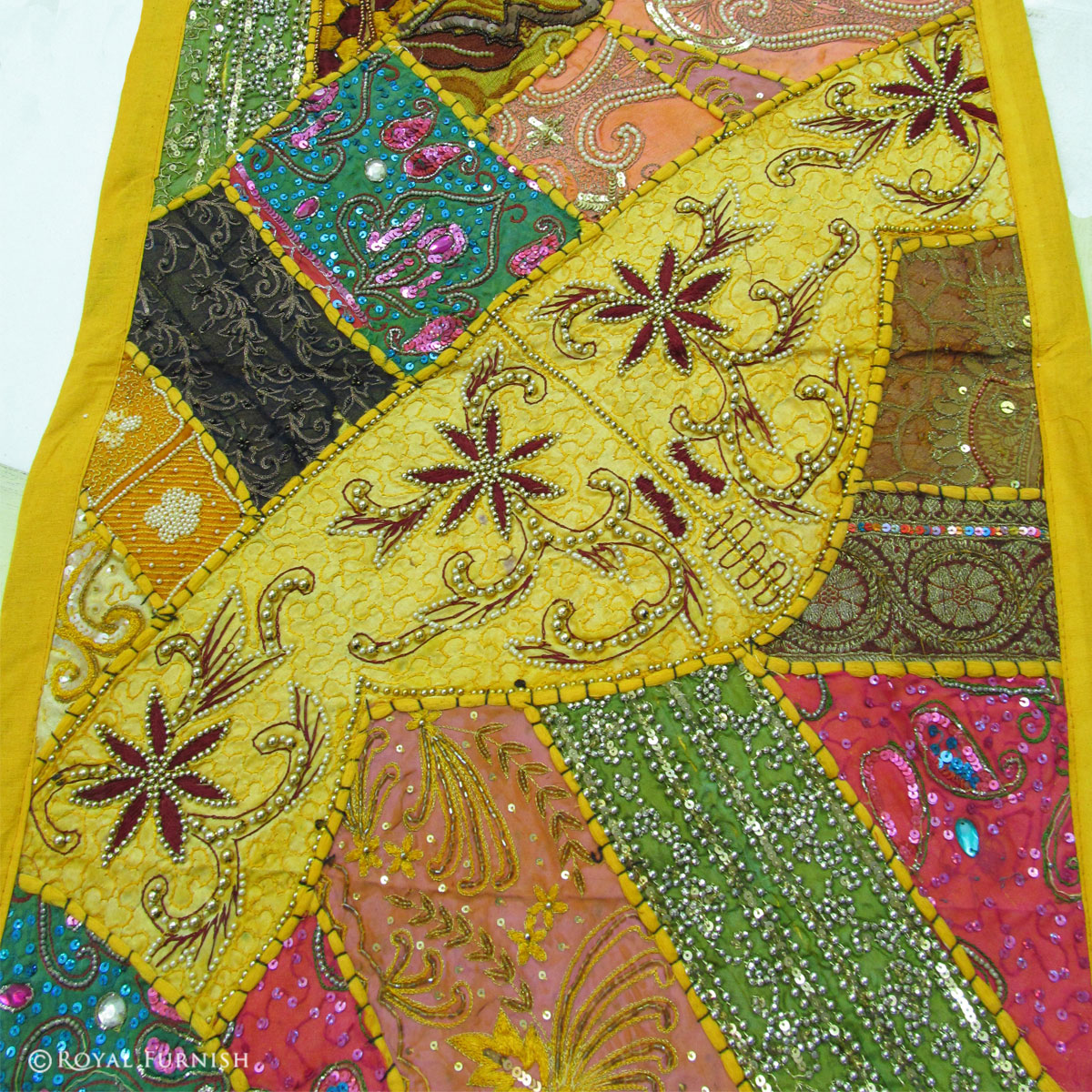 Yellow Decorative Antique Bridal Gown Patchwork Beaded Tapestry Runner