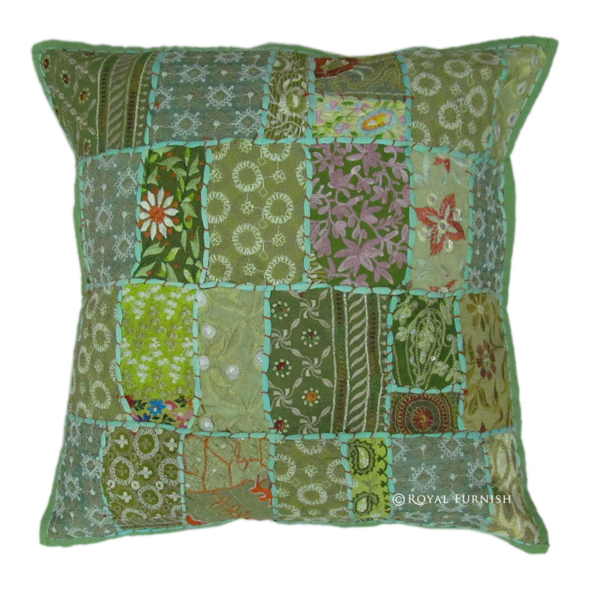 20" Inch Green Vintage Indian Sari Patchwork Euro Pillow Sham