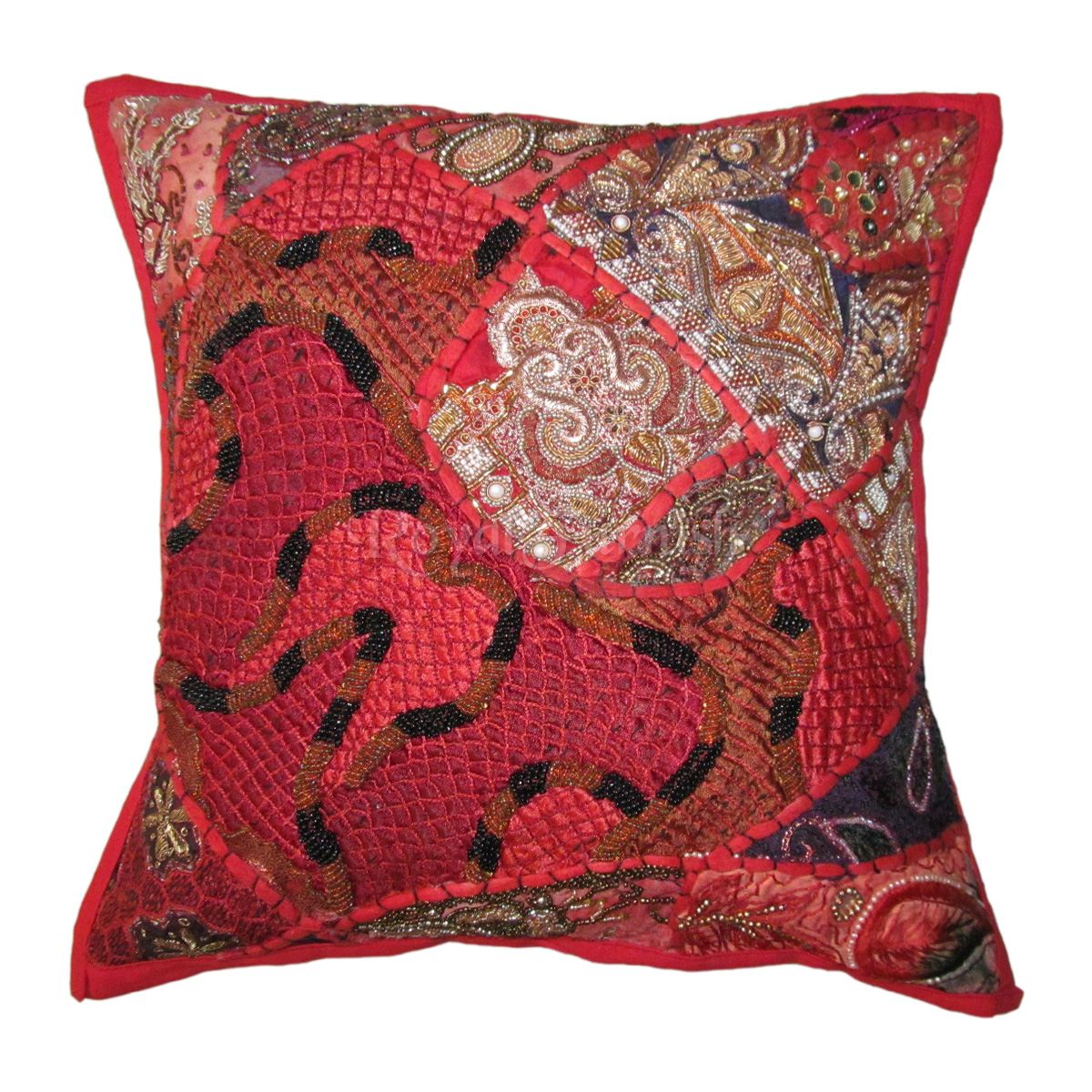 Red Indian Handmade Heavy Beads Embroidered Toss Pillow