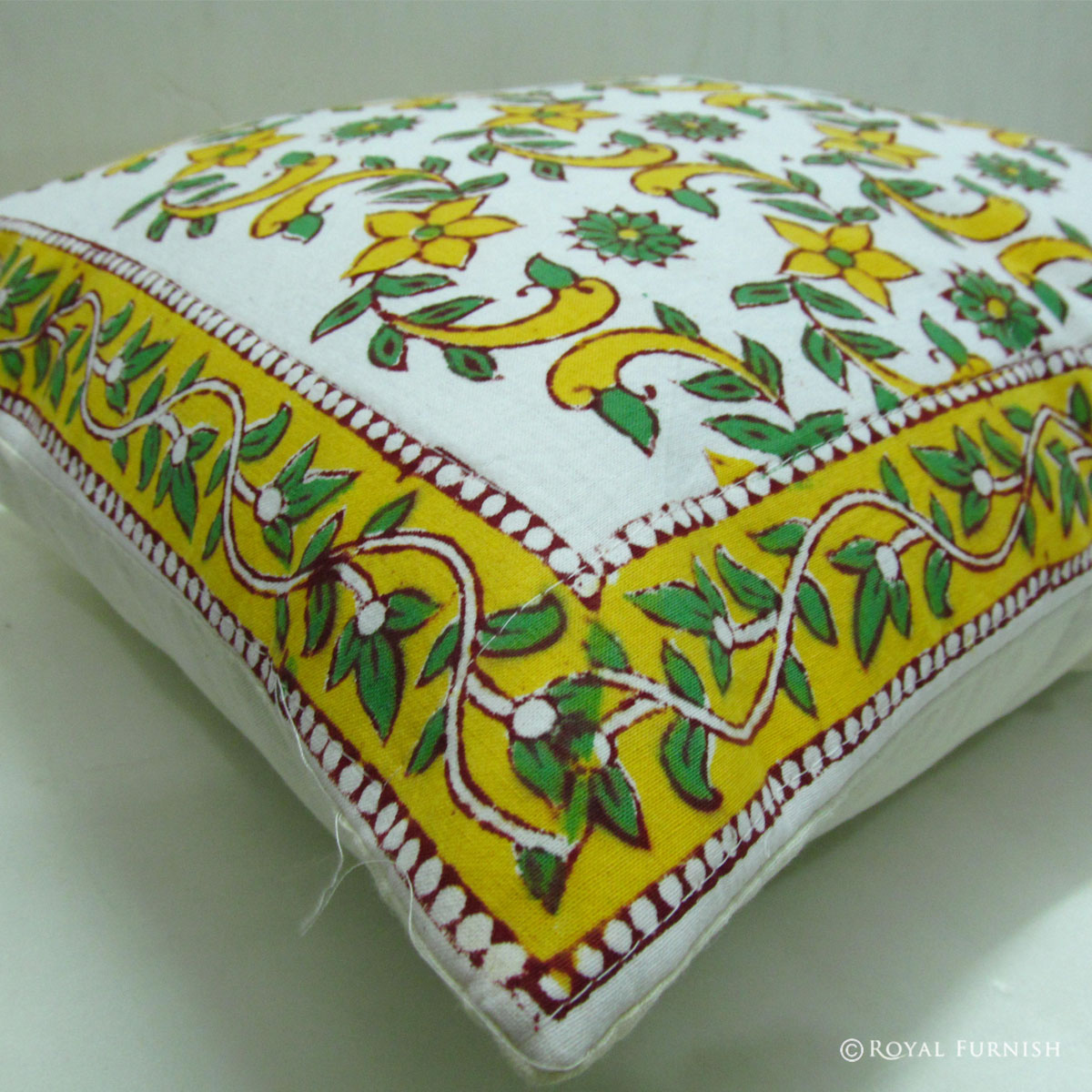 16x16" White Indian Block Printed Floral Cotton Pillow Case