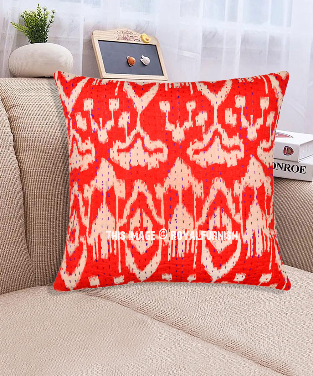 Cotton Cushion Cover 16" Handmade Ikat Kantha Pillow Case Bed Decor Square 