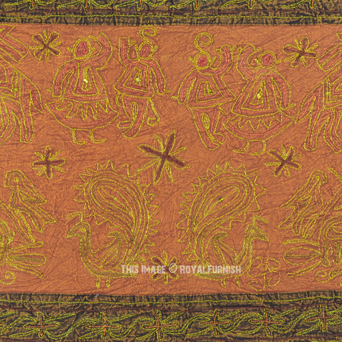 52" Brown Animal Design Ari Embroidered Indian Fabric Wall Hanging