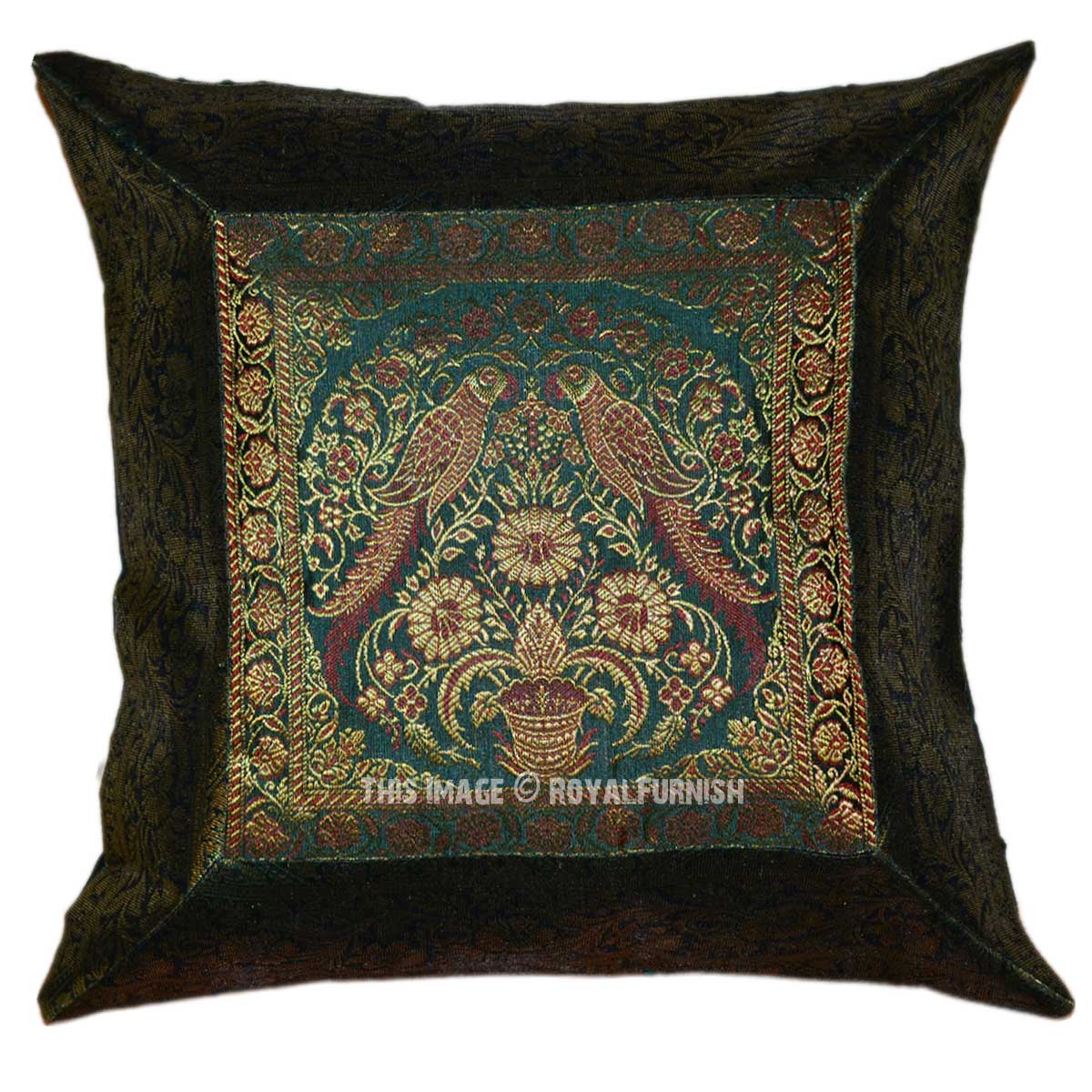 16" Green Floral Peacock Silk Brocade Toss Pillow Case Sham