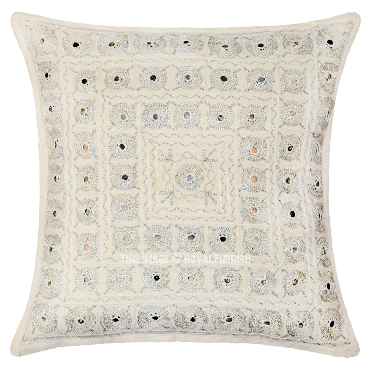 Unique Indian Mirror Embroidered Decorative Cotton Throw Pillow Case - RoyalFurnish.com