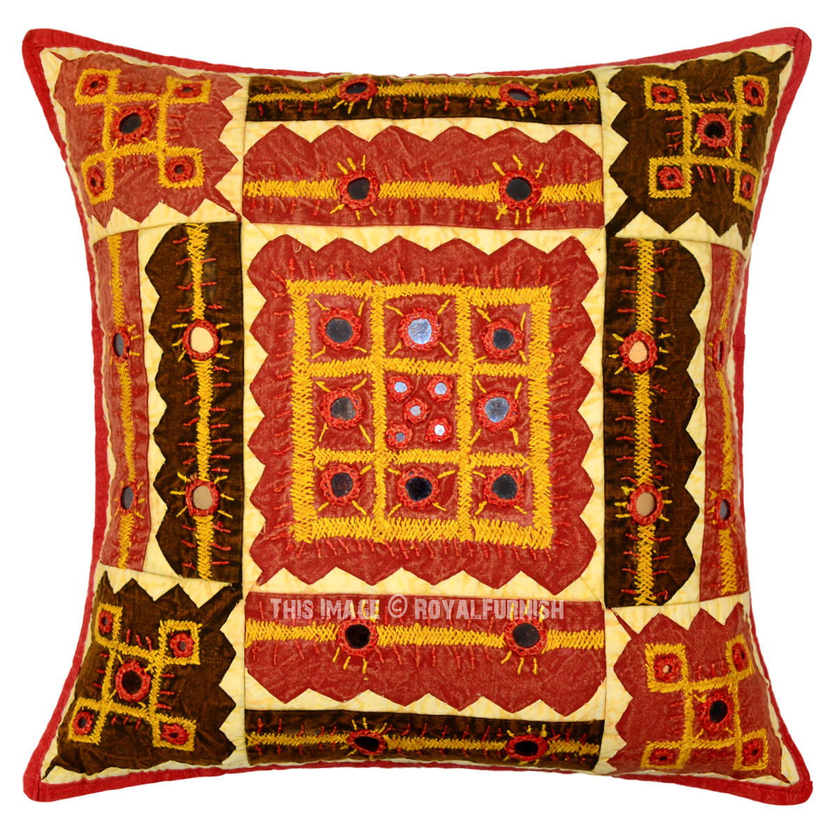 Red Indian Mirror Embroidered Decorative Accent Cotton Throw Pillow Case Sham - RoyalFurnish.com