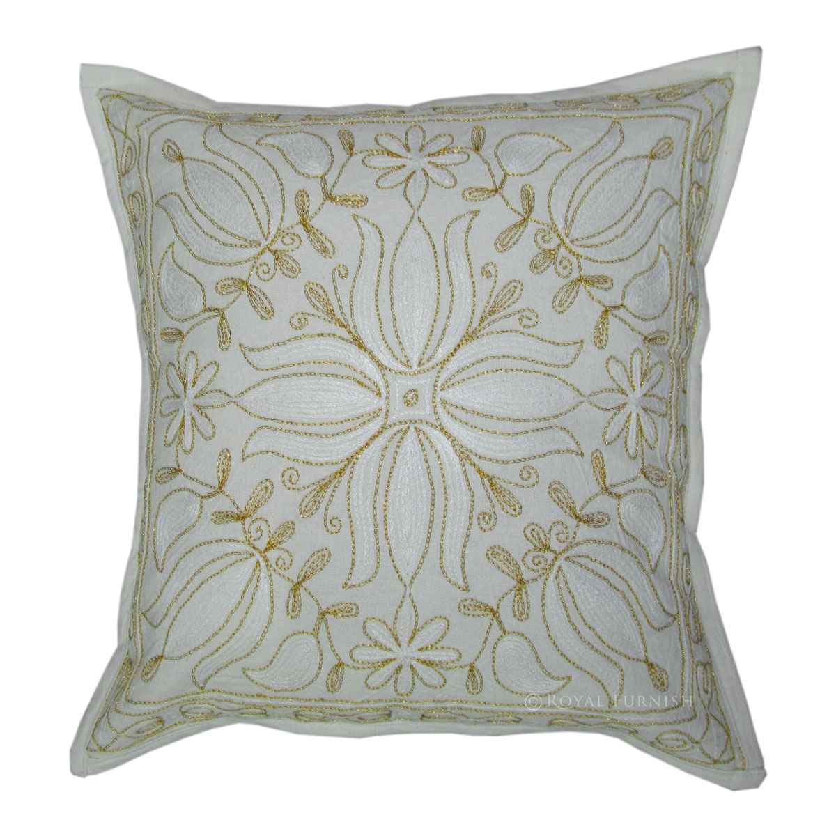 Beautiful Floral Indian Golden Thread Embroidered Cotton Throw Pillow