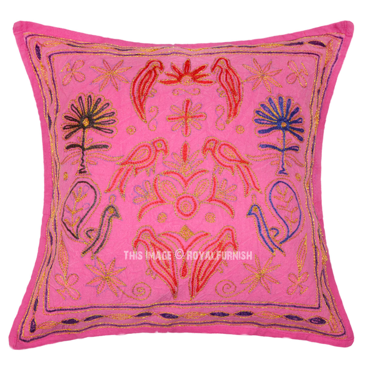 Pink Animal Design Indian Embroidered Cotton Decorative Throw Pillow Cover - RoyalFurnish.com