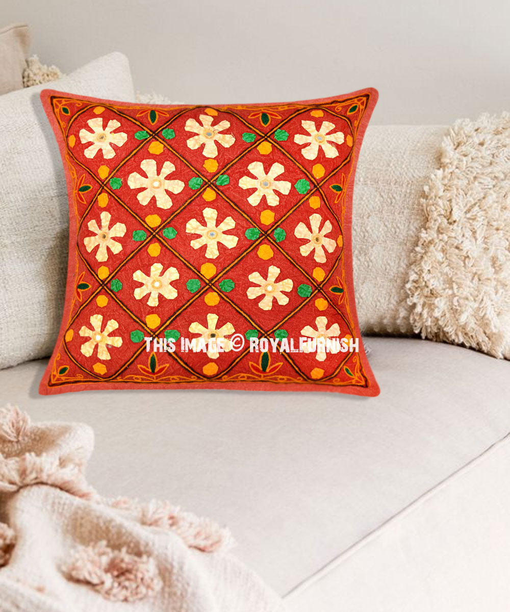 Cotton 16" Indian Cushion Cover Kutch Embroidered Throw Pillow Case Home Decor 