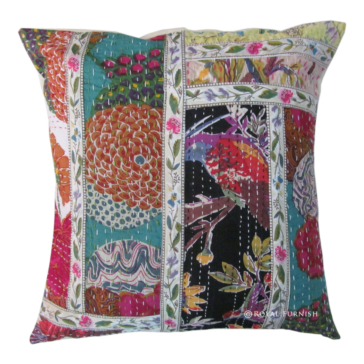 16" Indian Patchwork Floral Kantha Cotton Throw Pillow Cover Sham