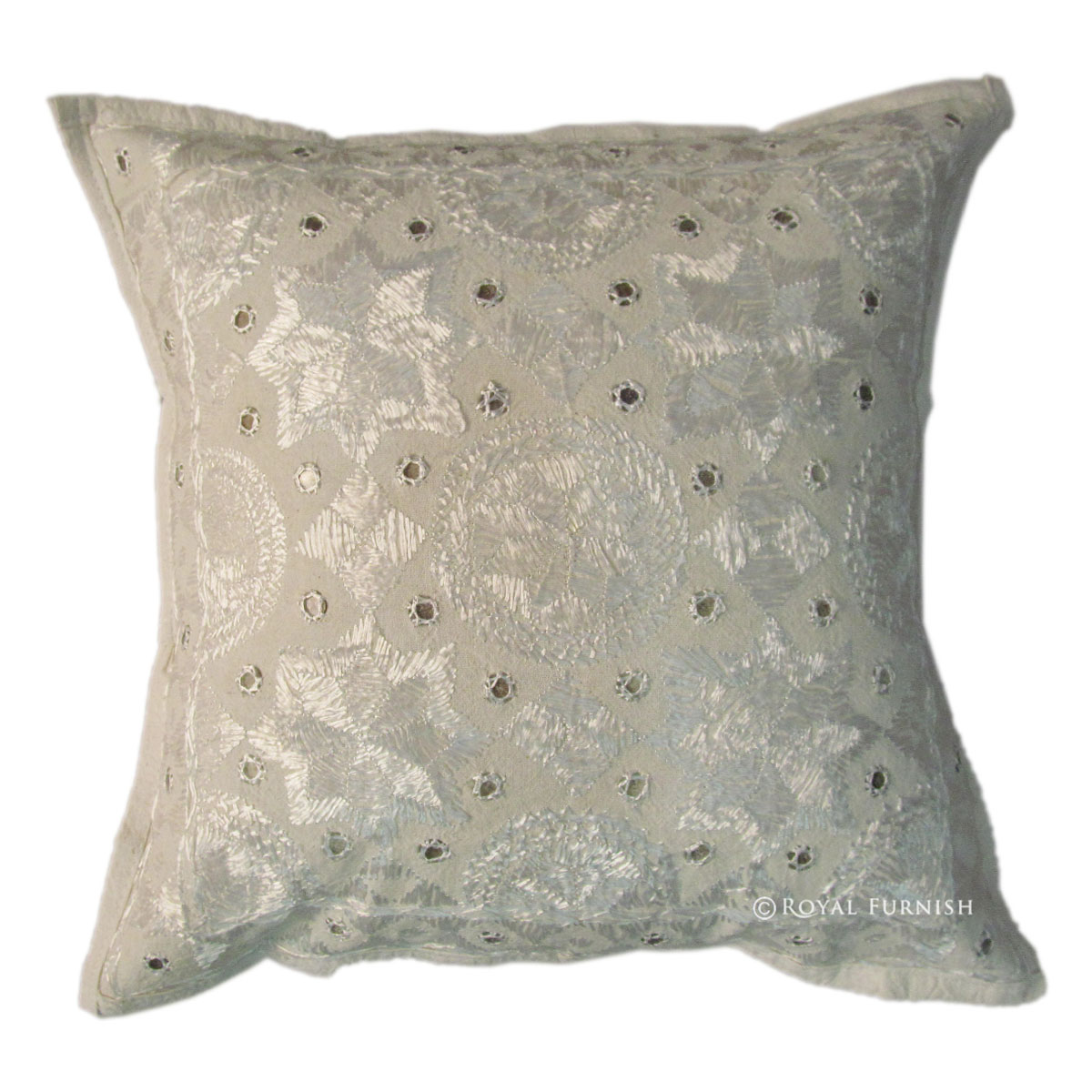 White Indian Mirror Embroidered Decorative Cotton Throw Pillow Case