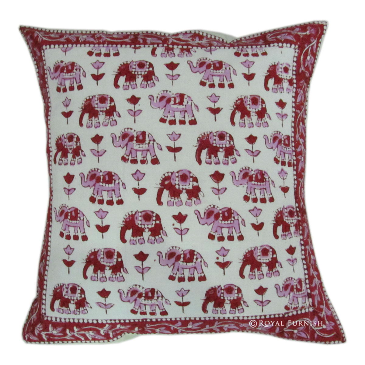 16" White Elephant Design Block Printed Decorative Throw Pillow Cover Sham