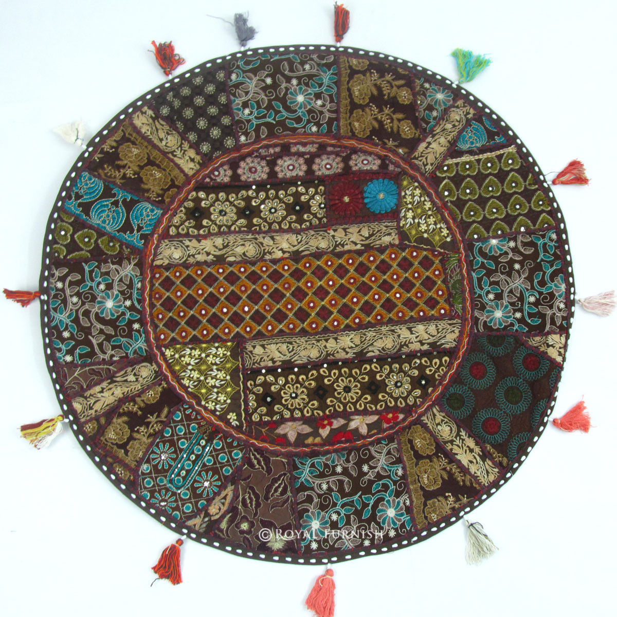 Brown Oversized Indian Patchwork Embroidered Floor Pillow Cushion Case