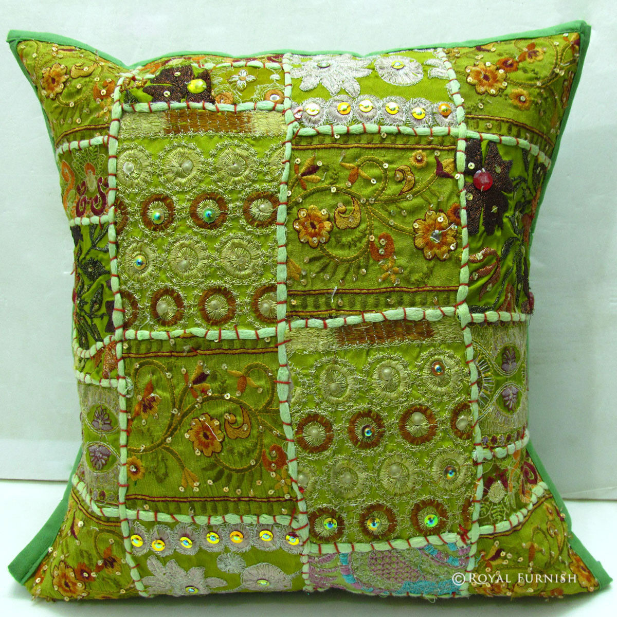 Yellow Indian Decorative Patchwork Embroidery Throw Pillow - RoyalFurnish.com