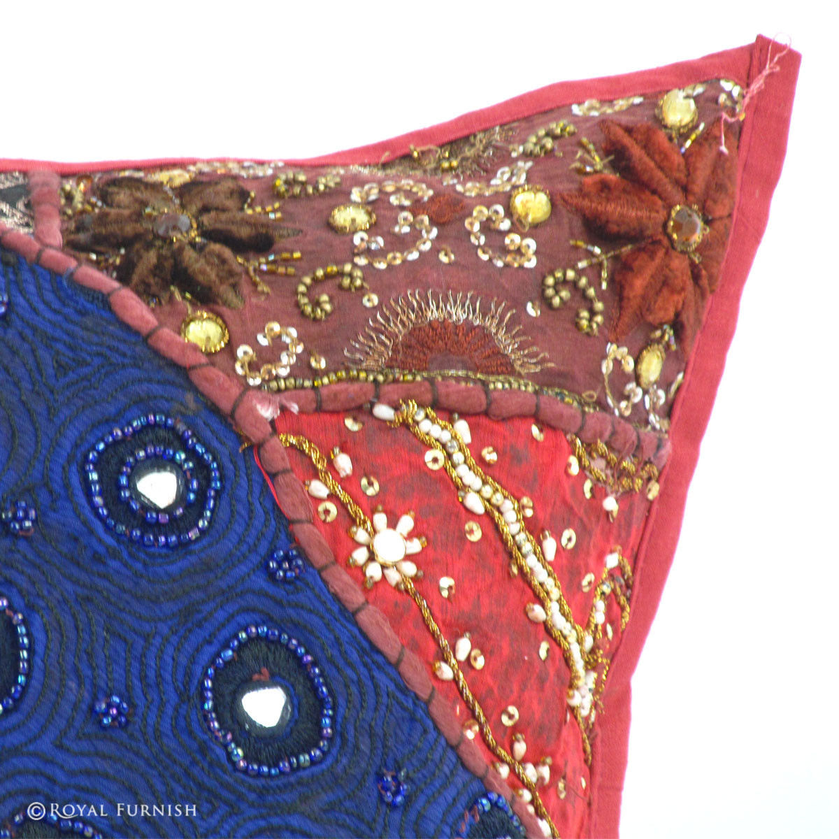 Heavy Beaded Indian Patchwork Decorative Throw Pillow
