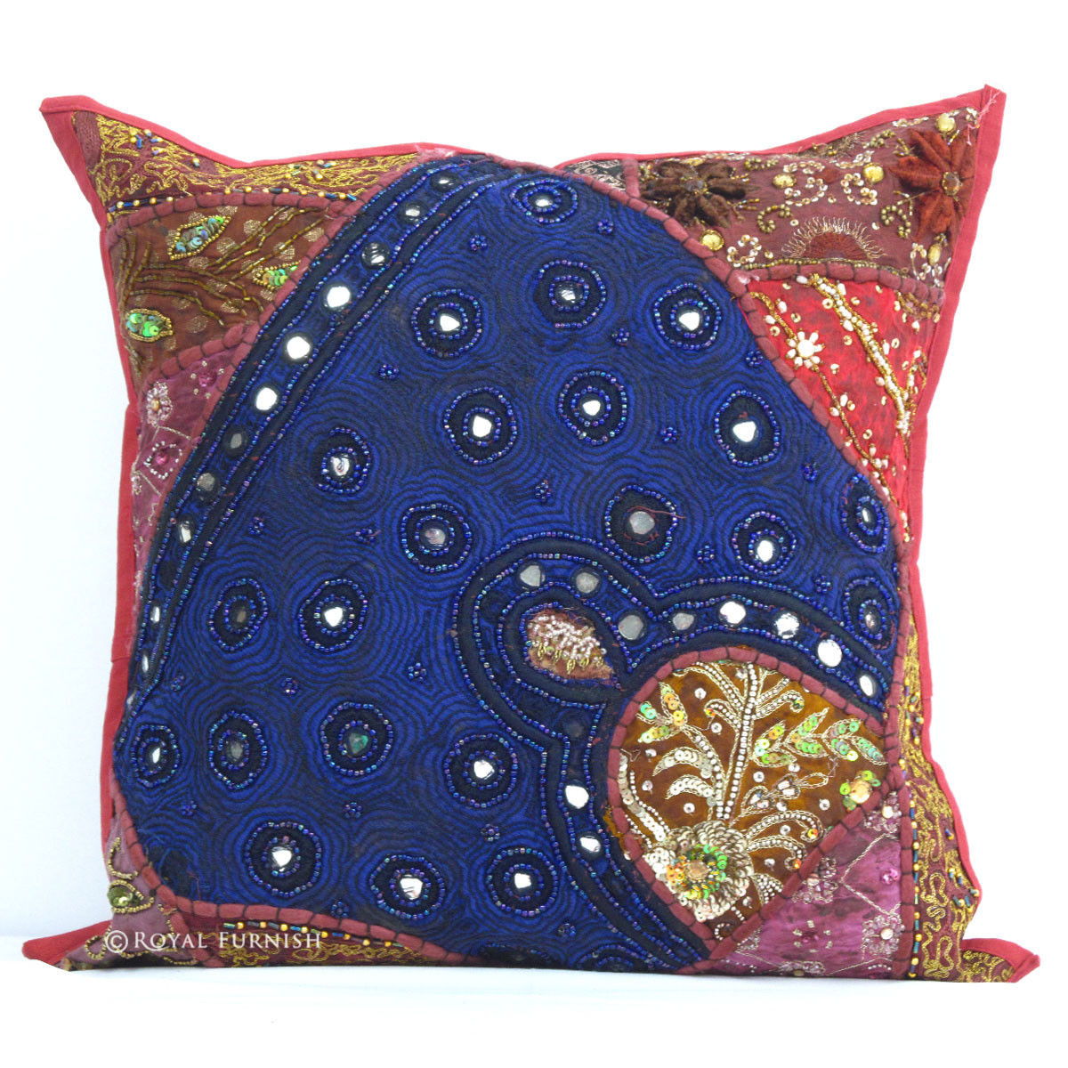 Heavy Beaded Indian Patchwork Decorative Throw Pillow
