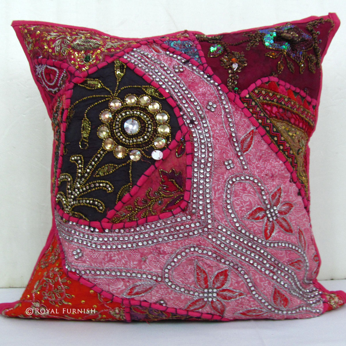 Pink Tribal Bohemian Heavy Beaded Vintage Decorative Throw Pillow - RoyalFurnish.com