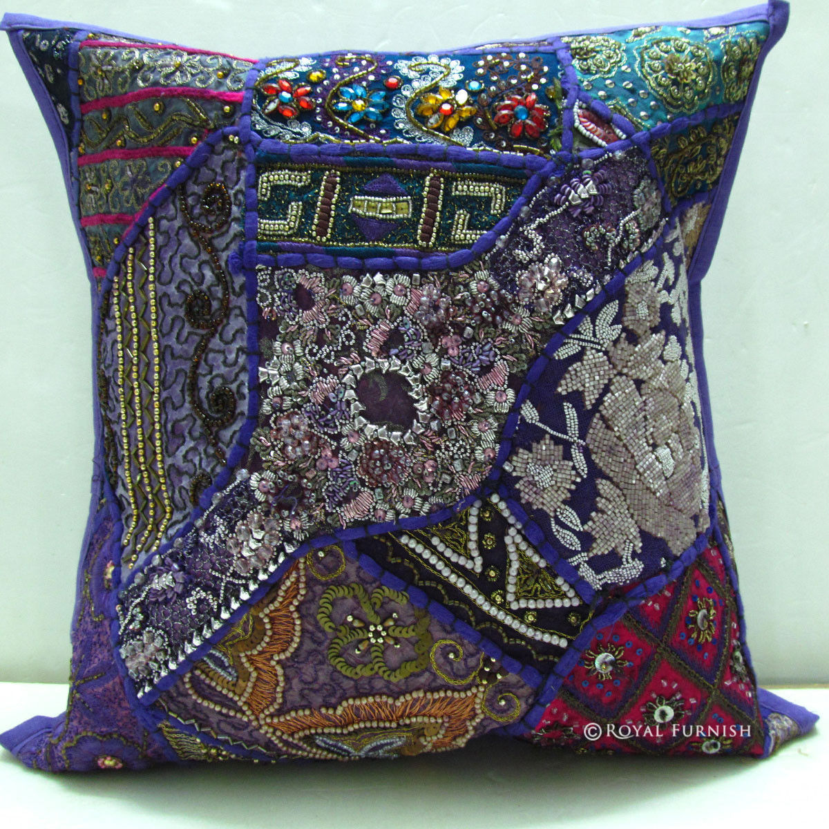 Purple Heavy Beaded Vintage India Patchwork Toss Pillow Sham - RoyalFurnish.com