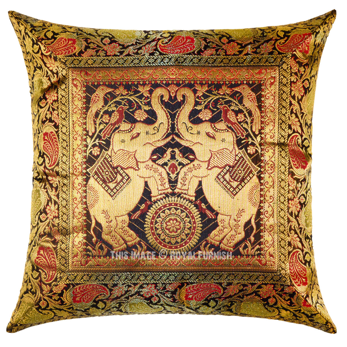 Black Two Elephants On Wheel Decorative Silk Throw Pillow Case 16X16