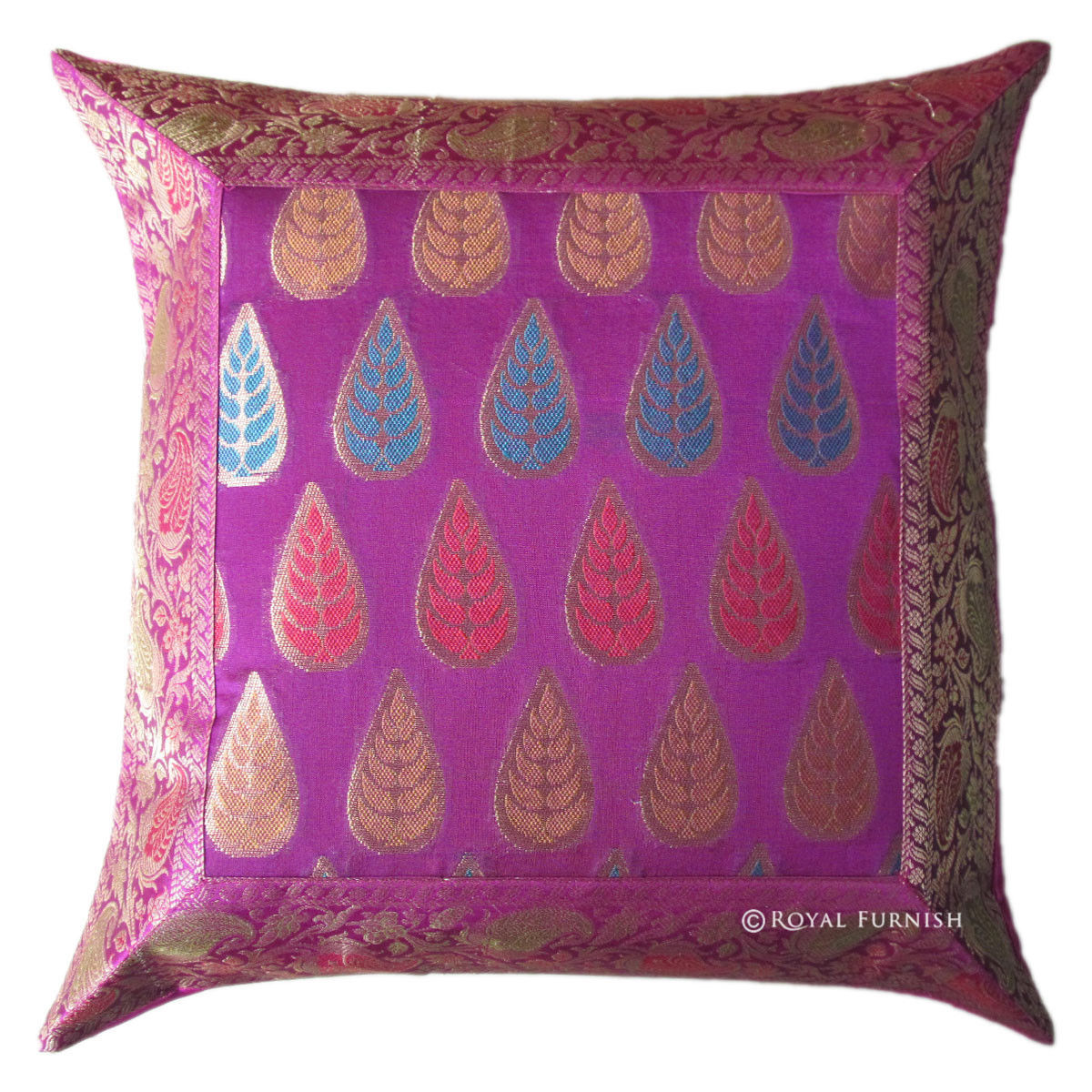 Pink Floral Leaf Indian Silk Brocade Toss Pillow Sham